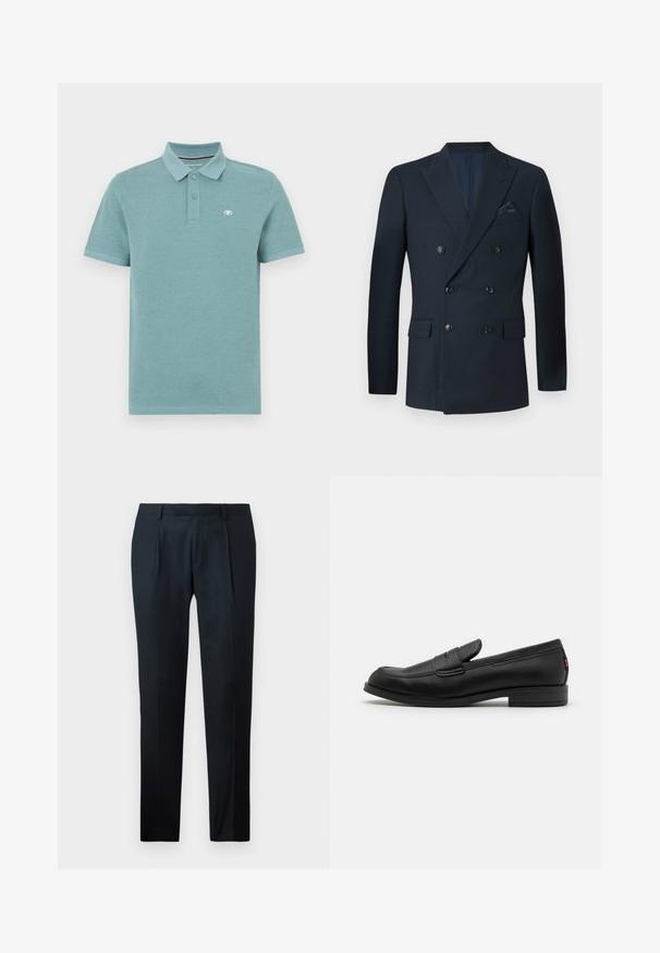 Double-breasted navy blazer made of textured fabric, featuring six black buttons, two front pockets, and a breast pocket with a silk pocket square.; Polo shirt in light teal, short sleeves, polo collar with two buttons, features a small logo on the left chest, smooth cotton fabric.; Black tailored pants made of smooth fabric, featuring a slim fit design, two front pleats, and a flat waistband without visible hardware.; Black leather loafers with a smooth finish, rounded toe, and a small decorative flap. Features a low stacked heel and subtle branding detail.