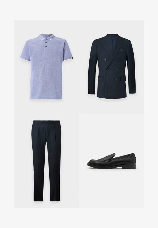 Divkāršā jūras zilā žakete, kas izgatavota no strukturētas auduma, ar sešiem melniem pogām, divām priekšējām kabatām un krūšu kabatu ar zīda kabatas lakatiņu.; Polo krekls gaiši zblue audumā ar īsām piedurknēm, apkakli, trīs pogu pienesumu un kontrastējošiem baltiem akcentiem apkaklē un piedurkņu malās.; Melnas uzvalka bikses, kas izgatavotas no gludas auduma, ar pieguļošu dizainu, diviem priekšējiem krokām un plakanu jostasvietu bez redzamām detaļām.; Melnas ādas loafers ar gludu apdari, noapaļotu purngalu un mazu dekoratīvu flap. Ietver zemu kraujošu papēdi un smalku zīmola detalizāciju.