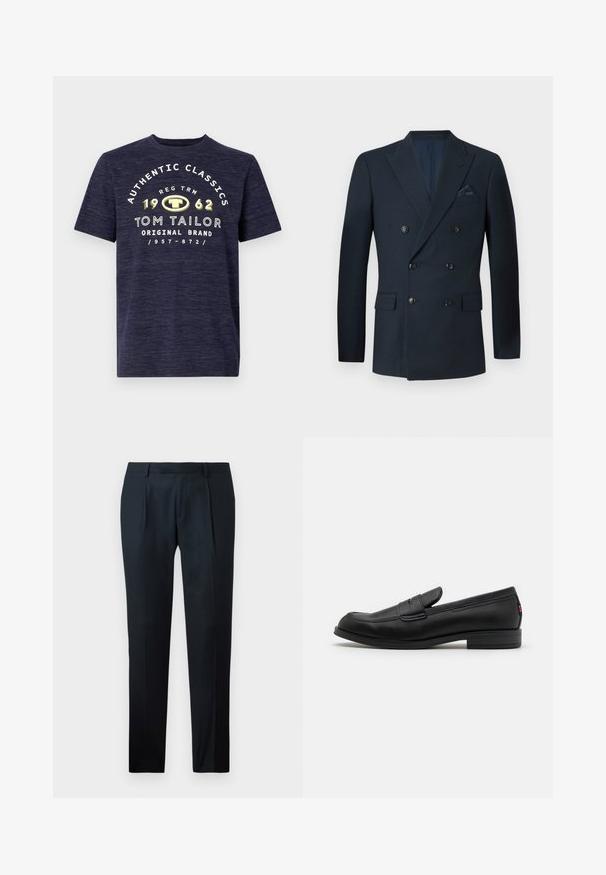 Podwójnie zapięta marynarka w kolorze granatowym, wykonana z teksturowanej tkaniny, z sześcioma czarnymi guzikami, dwiema przednimi kieszeniami oraz kieszonką na piersi z jedwabną chusteczką.; Granatowa koszulka z krótkim rękawem o heatherowym wzorze, z białym i żółtym nadrukiem z przodu, zawierającym nazwę marki oraz rok założenia.; Czarne spodnie o dopasowanym kroju, wykonane z gładkiego materiału, z wąskim fasonem, dwoma fałdami z przodu i płaskim pasem bez widocznych elementów hardware.; Czarne skórzane loafersy o gładkim wykończeniu, zaokrąglonym czubku i małym dekoracyjnym klapku. Posiadają niską, warstwową podeszwę oraz subtelny detal z brandingiem.