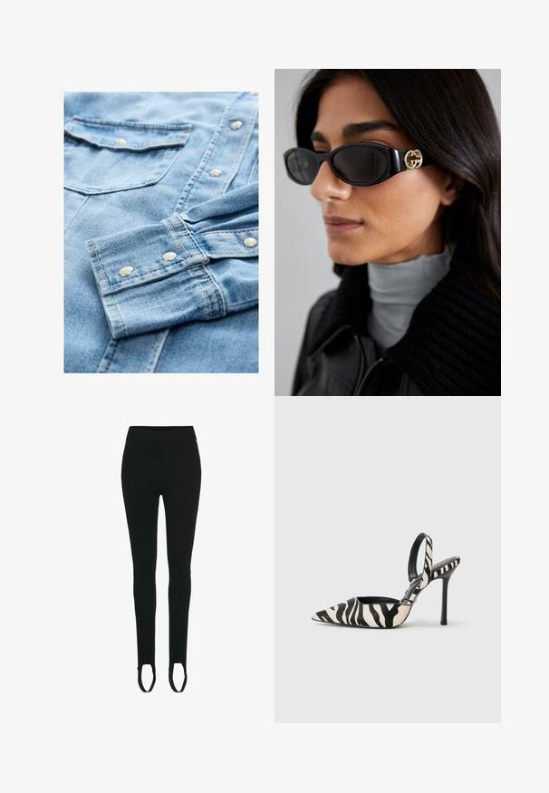 Black and white zebra-striped blazer with a single button closure, two front pockets, and a tailored fit. Smooth fabric texture.; Light blue denim shirt featuring silver snap buttons, dual chest pockets, and contrasting stitching. Fabric exhibits a soft, textured surface.; Black leggings with a smooth texture, high waist, and stirrup-style foot openings. Made from stretchy material for comfort.; Pointed-toe slingback heel in black and cream zebra print, featuring a slim high heel and open back design with a black interior.; Black sunglasses featuring a sleek rectangular frame with a gold logo accent on the side. Dark lenses and glossy finish are prominent.; Black leather woven tote bag with a slouchy shape and wide shoulder strap. Features a textured, interlaced design with a smooth finish.