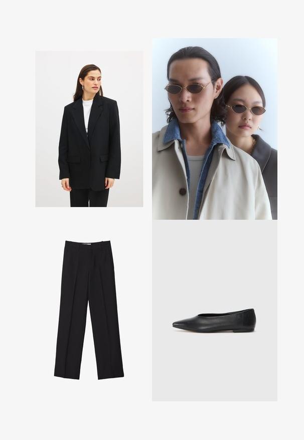Schwarzes Blazer mit taillierter Passform, einreißigem Knopfverschluss, Reverskragen und zwei vorderen Taschen. Über einem weißen Oberteil getragen.; Schwarz Baumwoll-T-Shirt mit kurzen Ärmeln, rundem Halsausschnitt und lockerer Passform. Schlichte Ausführung ohne Muster oder Verzierungen.; Schwarze maßgeschneiderte Hosen mit geradem Bein, doppelten Falten, glatter Textur und dezenten Vordernahtdetails.; Schwarze Leder-Balletschuhe, spitze Zehenform, minimalistische Gestaltung, glatte Textur, niedriger Absatz, keine sichtbaren Beschläge oder Verzierungen.; Goldfarbene Sonnenbrille mit ovalen Gläsern, getragen von zwei Personen. Eine Person trägt einen beigen Mantel mit einem Denim-Kragen; die andere in einem dunklen Oberteil mit Kragen.; Schwarze Lederhandtasche mit zwei Griffen, ovaler Form, glatter Oberfläche, dezentem Branding und einem herzförmigen Etikett.