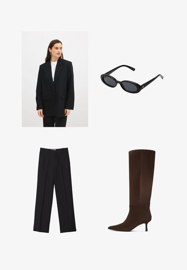 Blazer noir avec une coupe ajustée, fermeture à un bouton, revers crantés et deux poches avant. Porté sur un top blanc.; Chemise blanche à manches longues, col rond, vue de dos, posée à plat sur un fond blanc.; Pantalons noir sur mesure avec une coupe droite, présentant des plis doubles, une texture lisse et des détails de couture frontale subtils.; Botte marron montée jusqu'au genou, en matériau lisse, avec un bout pointu et un talon slim et haut. Design sans couture avec des accents minimaux.; Lunettes de soleil noires surdimensionnées avec des verres ovoïdes, monture en plastique lisse et accents dorés sur les tempes. Les verres sombres offrent une protection contre le soleil.