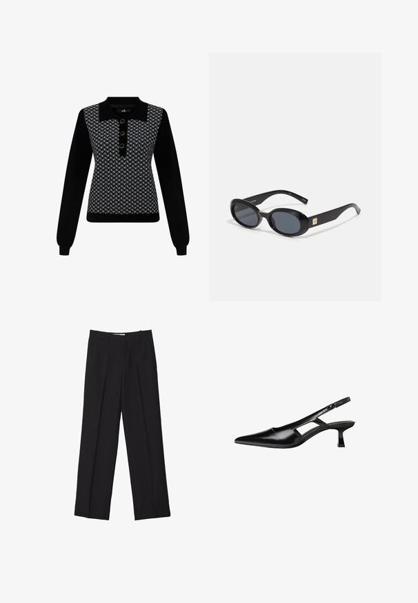 Czarna marynarka o dopasowanym kroju, z pojedynczym zapięciem na guzik, klasycznymi klapami i dwoma przednimi kieszeniami. Nosi się na białej bluzce.; Czarny sweter z długimi rękawami, z wzorzystą górną częścią w kolorze białym, czarną listwą z trzema okrągłymi złotymi guzikami.; Czarne spodnie o dopasowanym kroju ze prostymi nogawkami, z podwójnymi zaszewkami, gładką teksturą oraz subtelnymi detalami w postaci szwów z przodu.; Czarne lakierowane czółenka na odkrytej pięcie z wąskim noskiem, z wykrojem po bokach i małym kwadratowym obcasem. Gładka faktura z minimalnymi akcentami.; Czarne owalne okulary przeciwsłoneczne z ciemnymi soczewkami, błyszcząca plastikowa oprawka, szerokie zauszniki i mały złoty akcent z jednej strony.
