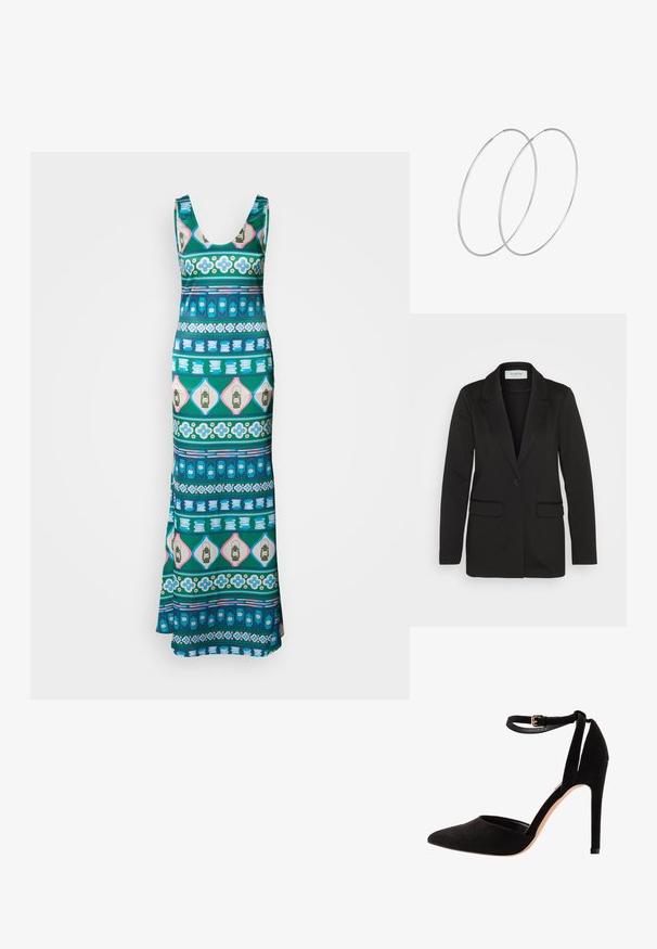 Musta bleiseri, joka on valmistettu pehmeästä kankaasta. Siinä on yksi nappi kiinnitys, viistot kaulukset ja kaksi etutaskua ilman koristeita.; Maksimekko, joka on valmistettu sileästä kankaasta ja jossa on monivärinen geometrinen kuvio sinisessä, vihreässä, vaaleanpunaisessa ja valkoisessa. Korostuksia ovat kukka- ja lyhtymotiivit.; Mustat mokkakengät korkeilla koroilla, kärki terävä, nilkkahihnalla ja stiletto-korko. Suunnittelussa on sileä pinta ja vähäisiä yksityiskohtia.; Hopehope hopeilla, joissa on minimalistinen muotoilu. Pyöreä muoto, sileä pinta ja ohut profiili. Kevyet ja kiillotetut.