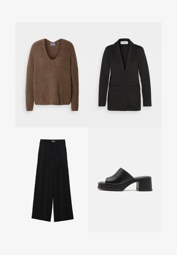 Blazer noir en tissu doux, avec une fermeture à bouton unique, des revers crantés et deux poches avant sans embellissements.; Pull en tricot marron avec un profond col en V. Il a des manches longues et une coupe décontractée. Texture douce et détail de marque subtil au niveau de l'ourlet.; Deux tops à manches longues en col roulé, l'un blanc et l'autre noir, fabriqués dans un tissu lisse et extensible, tous deux dotés d'une coupe ajustée et de cols hauts.; Pantalons larges noirs en tissu texturé, avec une taille élastique et une ceinture à nouer amovible à la taille pour un ajustement variable.; Mules à plateforme en cuir noir avec un bout ouvert rond, un petit talon carré et une texture lisse. Design minimaliste avec des lignes épurées.