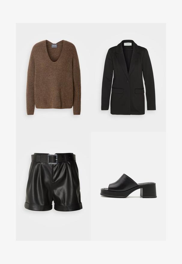 Schwarzer Blazer aus weichem Stoff, mit einem einzelnen Knopfverschluss, mit aufgesetzten Revers und zwei Vorder- Taschen ohne Verzierungen.; Brauner, gestrickter Pullover mit tiefem V-Ausschnitt. Verfügt über lange Ärmel und eine entspannte Passform. Weiche Textur und dezentes Markenlogo am Saum.; Schwarze Lederhorts mit breitem Bund und silberner Schnalle. Mit gefälteltem Frontbereich und umgeschlagenen Säumen. Glatte Textur und taillierte Passform.; Schwarze Leder Plattform-Mules mit abgerundeter offener Zehe, niedrigem Blockabsatz und glatter Textur. Minimalistisches Design mit eleganten Linien.