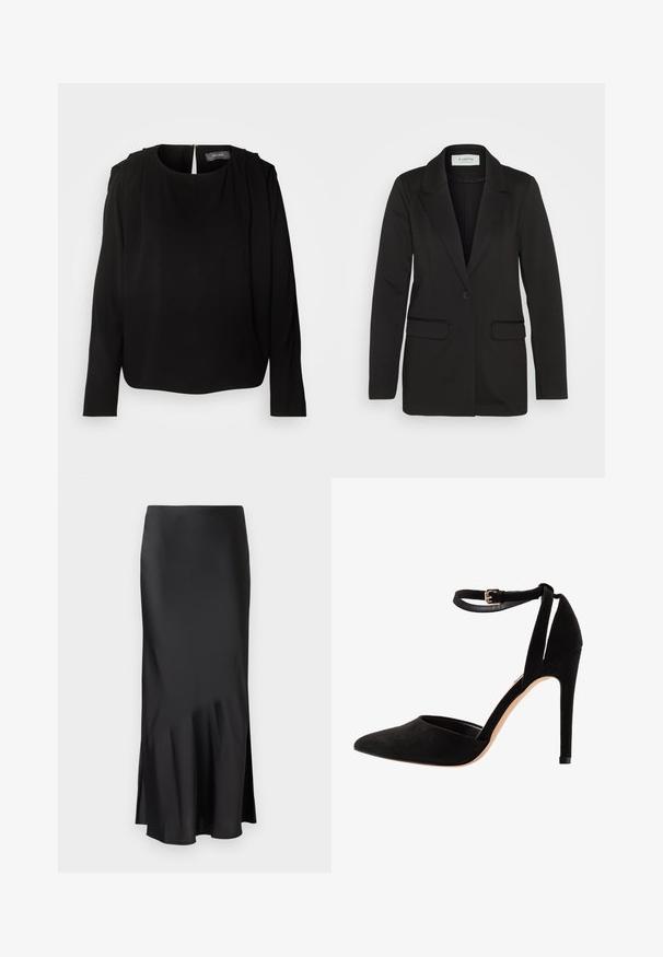Svart kavaj gjord av mjukt tyg, med en enda knäppning, kroke lapeller och två framfickor utan utsmyckningar.; Svart långärmad blus med rund halsringning och plisserade axeldetaljer. Har en dold dragkedja bak och mjukt, smidigt tyg.; Svart satinmidiklänning med en slank design, som har en lätt utflarring vid fållen och en sidoklyvning för ökad rörelsefrihet. Slät textur.; Svarta mockaskor med hög klack, spetsig tå, ankelrem och stilettklack. Designen har en slät textur med minimal detaljering.