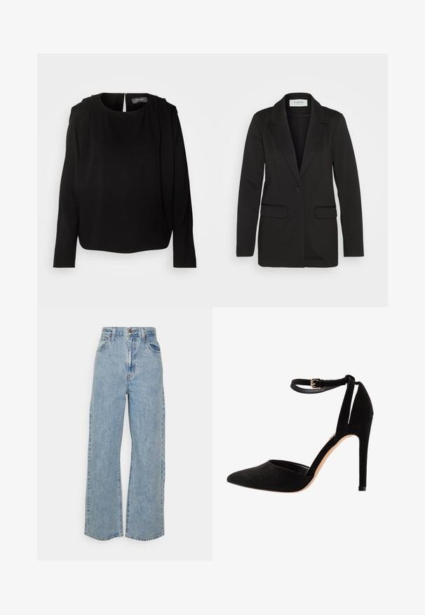 Juodas švarkas pagamintas iš minkštos medžiagos, su vienu mygtuko užsegimu, įpjautais atvartais ir dviem priekinėmis kišenėmis, be dekoratyvinių elementų.; Juoda ilga rankovė bamba su apvaliu iškirpimu ir pliociruotais peties akcentais. Pasižymi paslėptu užpakaliniu užtrauktuku ir minkšta, glotnia medžiaga.; Šviesiai mėlynos plačios džinsinės kelnės su aukštu liemeniu, priekyje esančiu mygtuku, užtrauktuku ir penkių kišenių dizainu ant vienspalvio fono.; Juodos zomšos aukštakulniai su smailiu pirštu, kulkšnies dirželiu ir stiletto aukštu kulnu. Dizainas pasižymi lygiu paviršiumi ir minimaliais dekoratyviniais elementais.