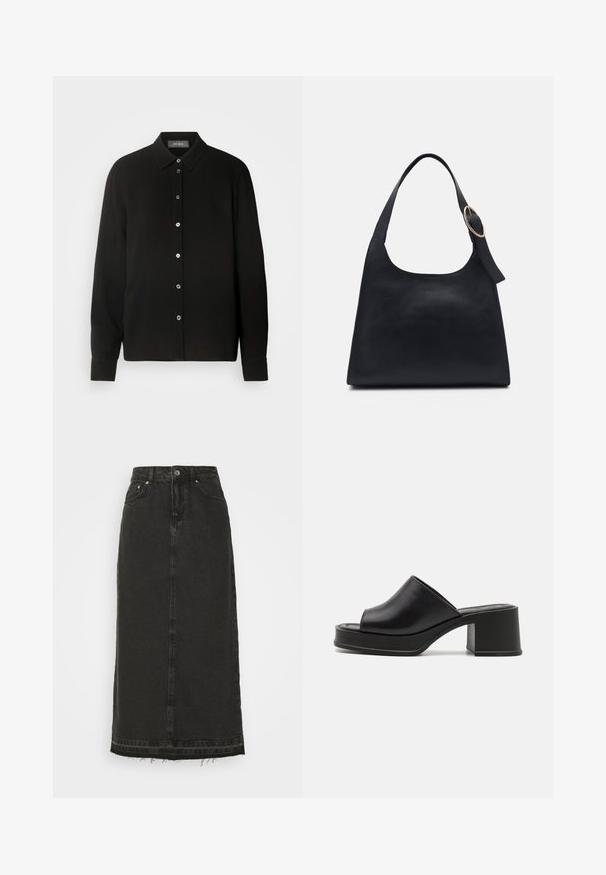 Black blazer made of soft fabric, featuring a single button closure, notched lapels, and two front pockets with no embellishments.; Black, long-sleeve shirt with a button-down collar and front button closure. Features a textured fabric with vertical stripes.; Two long-sleeve turtleneck tops, one white and one black, made of a smooth, stretchy fabric, both featuring slim-fitting design and high collars.; Black denim midi skirt with a fitted waist, front button closure, and frayed hem. Features classic five-pocket design and slight texture.; Black leather platform mules with a rounded open toe, low block heel, and smooth texture. Minimalist design with sleek lines.; Black leather tote bag with a smooth texture, rounded body, and a single shoulder strap featuring a circular gold hardware accent.