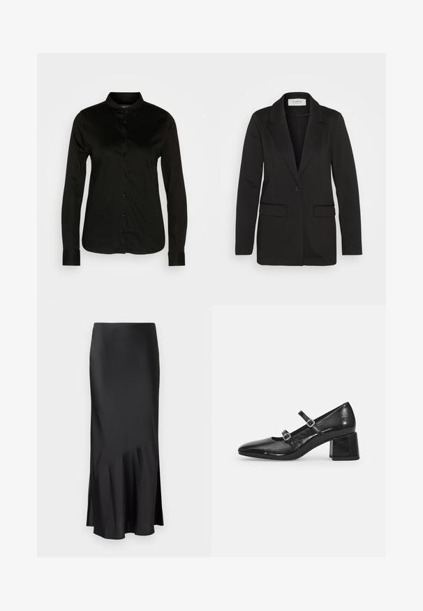 Mustikasest pehmest kangast bleiser, millel on üks nööp ja sälkadega krae, ning kaks eesmist taskut ilma kaunistusteta.; Musta pikkade varrukatega nööpide ja klassikalise kraega särk, valmistatud siledast kangast, millel on rida musti nööpe ja nööpidega mansetid.; Mustmust midi seelik, millel on sujuv disain, kergelt laienev alumine äär ja külgmine lõhik liikumisvabaduse tagamiseks. Sile tekstuur.; Mustad muste nahast Mary Jane kingad terava ninaga, kahe reguleeritava rihmaga ja paksu plokkniidi kontsaga. Sile tekstuur ja läikiv viimistlus.