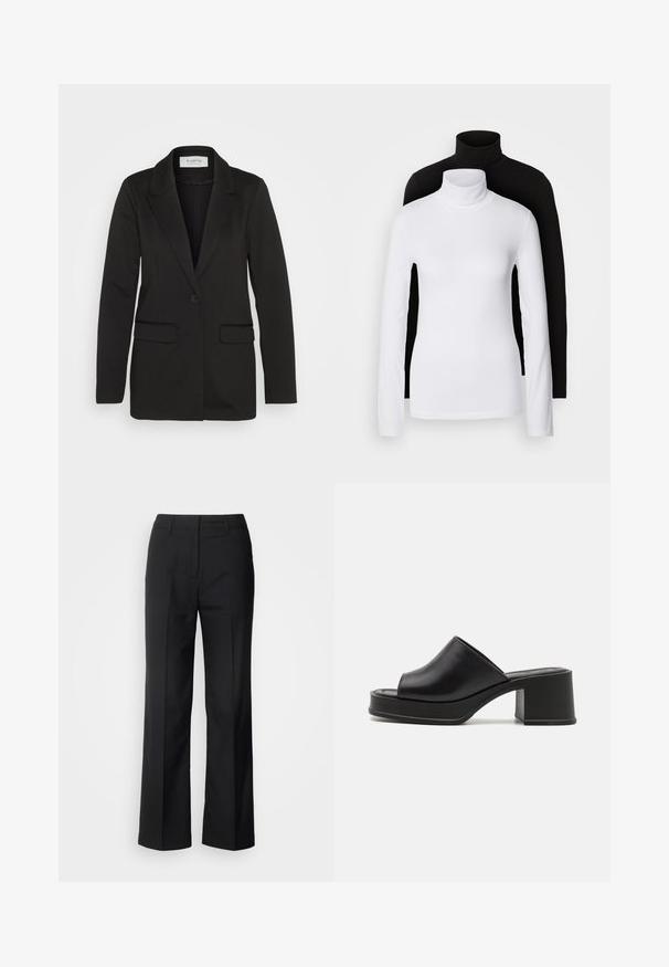Černý blazer vyrobený z měkké látky, s jedním knoflíkem, klopovým límcem a dvěma předními kapsami bez ozdob.; Dvě dlouhé rolákové topy, jeden bílý a jeden černý, vyrobené z hladkého, elastického materiálu, oba s přiléhavým střihem a vysokými límci.; Scotch & Soda CORE EDIE - Kalhoty - black; Černé kožené platformové muly s kulatou otevřenou špičkou, nízkým blokovým podpatkem a hladkým povrchem. Minimalistický design s elegantními liniemi.