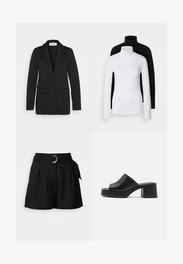 Zwarte blazer van zachte stof, met een enkele knoopsluiting, geknipte revers en twee voorzakken zonder versieringen.; Twee lange mouwen turtleneck tops, één wit en één zwart, gemaakt van een gladde, rekbare stof, beide met een slank passend ontwerp en hoge kraag.; Zwarte shorts van gestructureerde stof, voorzien van een riem met een zilveren ronde gesp, plooien aan de voorkant en een gepaste snit.; Zwarte leren platform mules met een afgeronde open teen, lage blokhak en een gladde textuur. Minimalistisch ontwerp met strakke lijnen.