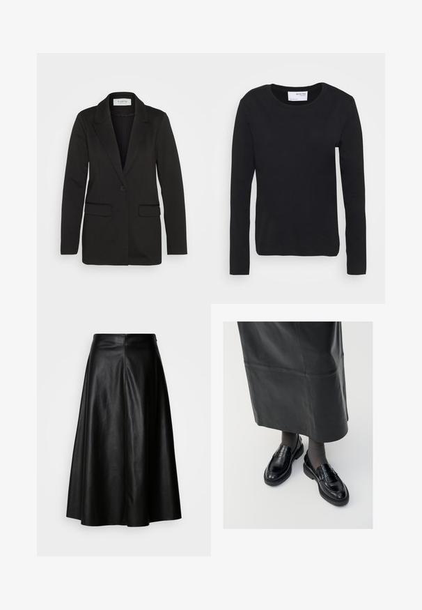 Black blazer made of soft fabric, featuring a single button closure, notched lapels, and two front pockets with no embellishments.; Black long-sleeve t-shirt made from soft cotton material, featuring a crew neckline and simple, seamless design without any patterns or accents.; Black leather skirt with a flared design, knee-length, featuring a smooth texture and a clean, seam-structured back for a tailored look.; Black leather loafers with a smooth finish, featuring a decorative strap, round toe, and textured sole. Worn with a long black leather skirt.