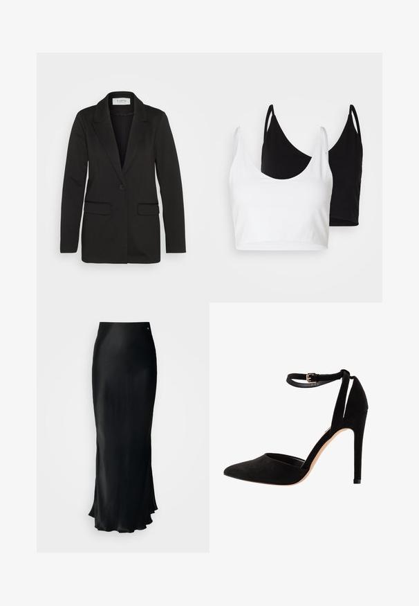 Schwarzer Blazer aus weichem Stoff, mit einem einzelnen Knopfverschluss, mit aufgesetzten Revers und zwei Vorder- Taschen ohne Verzierungen.; Zwei Baumwoll-Crop-Tops in Weiß und Schwarz. Jedes hat einen tiefen Ausschnitt und dünne Träger und verfügt über eine glatte, weiche Textur.; Mos Mosh GLOSSI SKIRT - Maxirock - black; Schwarze Wildleder-Pumps mit spitzer Zehe, Knöchelriemen und Stiletto-Absatz. Das Design zeichnet sich durch eine glatte Textur mit minimalen Verzierungen aus.
