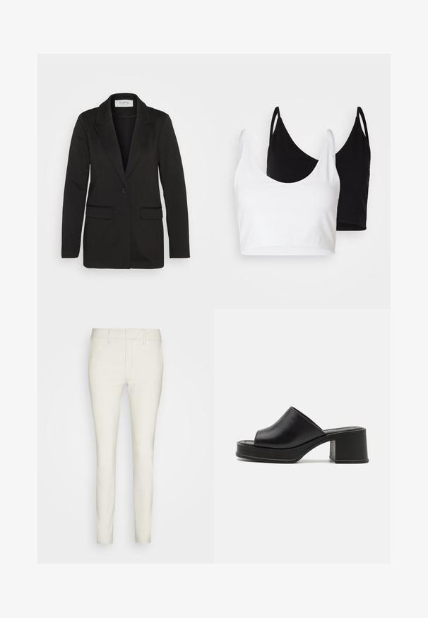 Musta bleiseri, joka on valmistettu pehmeästä kankaasta. Siinä on yksi nappi kiinnitys, viistot kaulukset ja kaksi etutaskua ilman koristeita.; Kaksi puuvillapaitaa valkoisena ja mustana. Kummassakin on syvä kaula-aukko ja ohuet olkaimet, ja ne ovat sileitä sekä pehmeitä.; Vaaleat, slim-fit-housut sileästä kankaasta, jossa on tasainen etuosa, tavalliset taskut ja vyölenkit. Yhteenvetona tyylikäs ja virtaviivainen muotoilu.; Mustat nahkaiset platform-mulongit, joissa on pyöreä avoin varvas, matala lohkarekorko ja sileä pinta. Minimalistinen muotoilu, jossa on sulavat linjat.