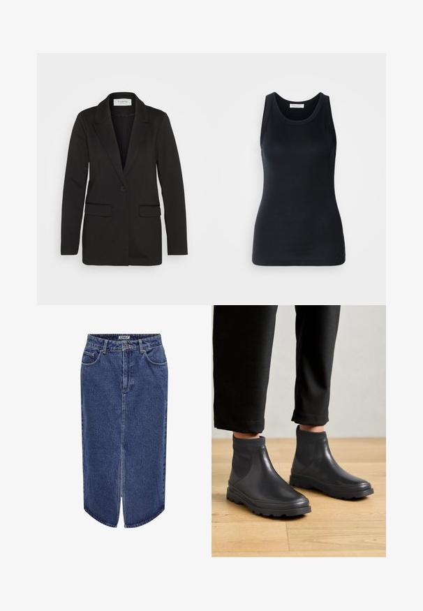 Černý blazer vyrobený z měkké látky, s jedním knoflíkem, klopovým límcem a dvěma předními kapsami bez ozdob.; Černý top bez rukávů vyrobený z měkkého, elastického materiálu. Má kulatý výstřih a široké ramenní popruhy, s přiléhavým střihem a hladkou texturou.; Džínová sukně střední délky, tmavě modrý omak, přední rozparek a klasický pětispotový design, s knoflíkovým a zipovým zapínáním.; Camper BRUTUS - Kotníková obuv - black