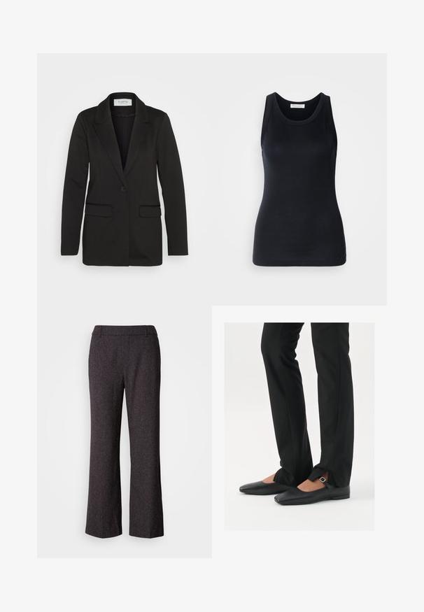 Zwarte blazer van zachte stof, met een enkele knoopsluiting, geknipte revers en twee voorzakken zonder versieringen.; Zwarte tanktop gemaakt van zachte, rekbare stof. Heeft een ronde halslijn en brede schouderbanden, met een aansluitende snit en een gladde textuur.; Mos Mosh SVALA - Broek - black; Zwarte leren balletschoenen met een puntige neus, bandje met een zilveren gesp, gecombineerd met zwarte nauwsluitende broek met een zijsplit.