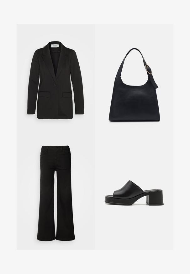 Černý blazer vyrobený z měkké látky, s jedním knoflíkem, klopovým límcem a dvěma předními kapsami bez ozdob.; Dvě krátké roláky naskládané na sobě, jeden bílý s černým lemováním a jeden černý s bílým lemováním, vyrobené z měkké směsi bavlny.; Černé kalhoty širokého střihu vyrobené z džínoviny, s předními kapsami, zapínáním na knoflík a hladkou texturou s jemným povrchem.; Černé kožené platformové muly s kulatou otevřenou špičkou, nízkým blokovým podpatkem a hladkým povrchem. Minimalistický design s elegantními liniemi.; Černá kožená taška přes rameno s hladkým povrchem, zaobleným tělem a jedním ramenním popruhem s kulatým zlatým kováním.