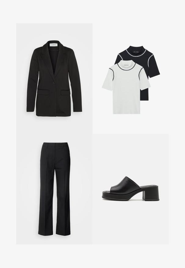 Czarna marynarka wykonana z miękkiego materiału, z pojedynczym zapięciem na guzik, klapami oraz dwoma przednimi kieszeniami, bez zdobień.; Dwie krótkie golfy nałożone na siebie, jeden biały z czarnym wykończeniem, a drugi czarny z białym wykończeniem, wykonane z miękkiego materiału bawełnianego.; Scotch & Soda EDIE czarny; Czarne skórzane klapki na platformie z zaokrąglonym otwartym noskiem, niskim blokowym obcasem i gładką teksturą. Minimalistyczny design z eleganckimi liniami.