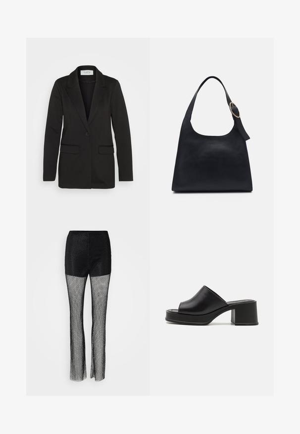 Blazer nero realizzato in tessuto morbido, con chiusura a un bottone, revers a punta e due tasche frontali senza decorazioni.; Due magliette a maniche corte con colletto a imbuto impilate, una bianca con bordi neri e una nera con bordi bianchi, realizzate in morbido materiale misto cotone.; Pantaloni in rete nera con una sezione superiore solida, caratterizzati da un design a gamba larga e un tessuto in rete testurizzato in tutto.; Mule in pelle nera con platfrom, punta aperta arrotondata, tacco basso a blocco e texture liscia. Design minimalista con linee eleganti.; Borsa tote in pelle nera con una texture liscia, corpo tondeggiante e una singola tracolla con un accento di hardware oro circolare.