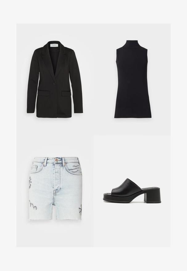 Fekete blézer puha anyagból, egy gombos záródással, hajtókás gallérral és két elülső zsebbel, díszítések nélkül.; Fekete ujjatlan garbó, sima anyagból készült. Feszes fazon, magas nyakkal és egyenes szegéllyel, minimalista és egyszínű.; A világos kék farmer rövidnadrág elfröccsentett szegéllyel, kék hímzett virágmintákkal és hagyományos öt zsebes stílussal, fémből készült gombos záródással rendelkezik.; Fekete bőr platform papucs lekerekített nyitott orral, alacsony blokk sarokkal és sima textúrával. Minimalista dizájn, letisztult vonalakkal.
