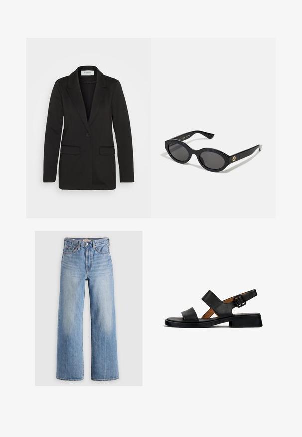 Mustikasest pehmest kangast bleiser, millel on üks nööp ja sälkadega krae, ning kaks eesmist taskut ilma kaunistusteta.; Valge kampsun, millel on V-kujuline kaelus, õrn pitsäär, õhukesed reguleeritavad rihmad ja pehme, sile kangas.; Heledad sinine teksariidest laiad püksid, kõrge vöökoht, pleekinud alad, viis taskut ja kontrastne õmblus. Klassikaline nööp ja tõmblukk.; Must musta saapad, millel on kaks horisontaalset rihma ja pandliga pahkluu rihm. Lame, tekstuuriga tallaga, millel on kerge konts ja sile viimistlus.; Mustad mustad prillid tumedate läätsedega ja läikiva plastraamiga. Omab kuldset logo põlveosal, pakkudes stiilset ja kaasaegset disaini.