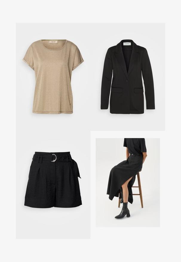 Črn blazer iz mehkega blaga, z enim gumbom, zarezano ovratnikom in dvema sprednjima žepoma brez okrasnih dodatkov.; Mos Mosh TEE - Potiskana majica - mermaid; Črne hlače iz teksturiranega materiala, z pasom in srebrno okroglo zaponko, gubami spredaj in krojem po meri.; Črna lanena maxi krilo z visokim razporkom, oblečeno s črno majico in črnimi gležnjarji. Minimalističen dizajn z udobnim krojem.