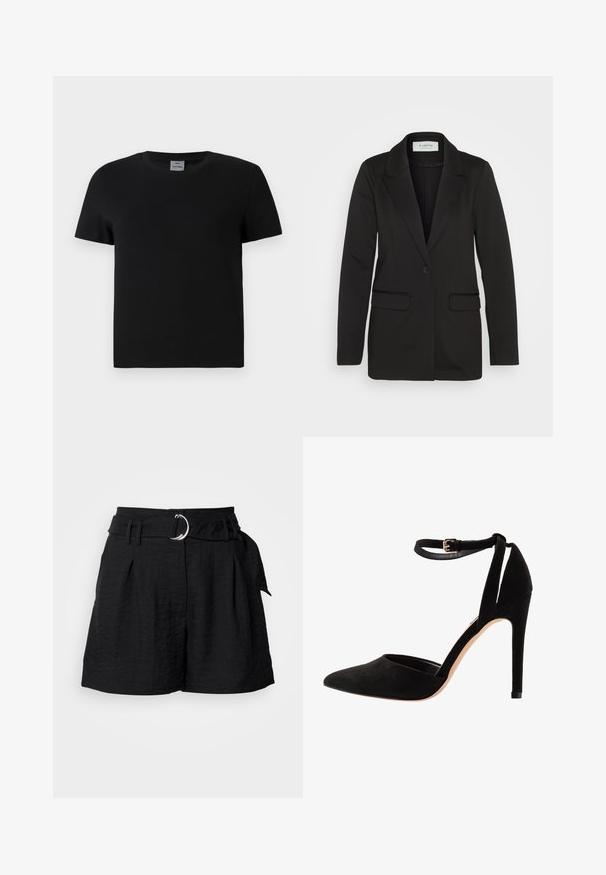 Blazer nero realizzato in tessuto morbido, con chiusura a un bottone, revers a punta e due tasche frontali senza decorazioni.; T-shirt in cotone nero con scollatura rotonda e maniche corte. Design semplice, senza fantasie o dettagli, con una linea dritta in vita.; Pantaloni neri realizzati in tessuto testurizzato, dotati di una cintura con una fibbia circolare in argento, pieghe sul davanti e un taglio sartoriale.; Scarpe con tacco alto in morbida pelle scamosciata nera, con punta affusolata, cinturino alla caviglia e tacco a spillo. Il design presenta una texture liscia con decorazioni minime.