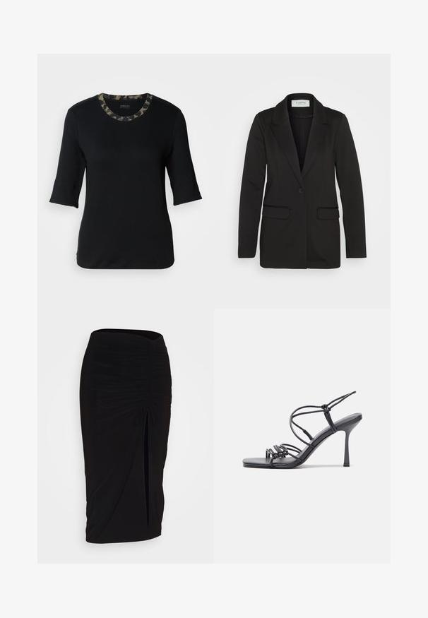 Czarna marynarka wykonana z miękkiego materiału, z pojedynczym zapięciem na guzik, klapami oraz dwoma przednimi kieszeniami, bez zdobień.; Czarna koszulka z krótkim rękawem i okrągłym dekoltem, z kołnierzykiem w wzór kamuflażu. Wykonana z miękkiego, elastycznego materiału o gładkiej fakturze.; Czarna, marszczona spódnica typu ołówkowego z węzłem i bocznym rozcięciem. Wykonana z elastycznego materiału, o gładkiej fakturze i dopasowanym kroju.; Czarne sandały na wysokim obcasie mają cienkie paski z węzłowym wzorem, gładki, kwadratowy czubek i smukły obcas w stylu szpilki.