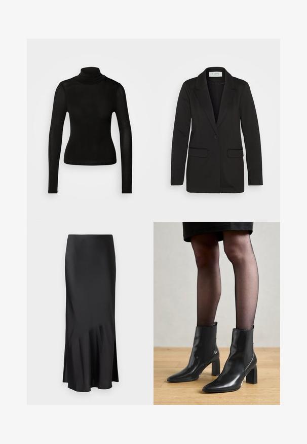 Mustikasest pehmest kangast bleiser, millel on üks nööp ja sälkadega krae, ning kaks eesmist taskut ilma kaunistusteta.; Mustmustärgiga särk, mis on valmistatud kergest ja venivast materjalist. Omab pikki varrukasid ja kergelt liibuvat siluetti ilma nähtavate õmblusteta.; Mustmust midi seelik, millel on sujuv disain, kergelt laienev alumine äär ja külgmine lõhik liikumisvabaduse tagamiseks. Sile tekstuur.; Mustad mustad jalanõud terava ninaga, paksu ruudukujulise kontsaga ja saleda disainiga. Omavad elastseid külgpaneele mugavaks selga tõmbamiseks.