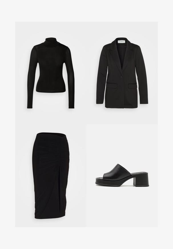 Black blazer made of soft fabric, featuring a single button closure, notched lapels, and two front pockets with no embellishments.; Black turtleneck top made from a lightweight, stretchy material. Features long sleeves and a fitted silhouette without visible seams.; Black, ruched pencil skirt with tie detail and a side slit. Made from a stretchy fabric, featuring a smooth texture and form-fitting design.; Black leather platform mules with a rounded open toe, low block heel, and smooth texture. Minimalist design with sleek lines.