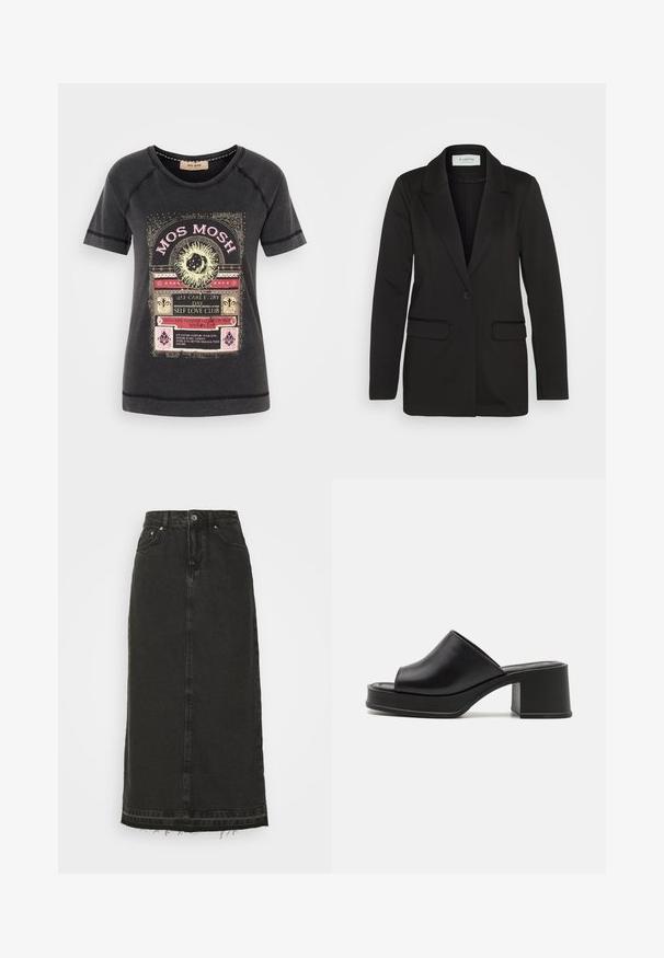 Zwarte blazer van zachte stof, met een enkele knoopsluiting, geknipte revers en twee voorzakken zonder versieringen.; Zwart katoenen T-shirt met een kleurrijke grafische print, versierd met tekst en natuurthema-accenten. Ronde hals en korte mouwen.; Zwarte denim midi-jurk met een aangesloten taille, sluiting met knopen aan de voorkant en rafelige zoom. Bevat een klassieke vijf-pocket ontwerp en een lichte textuur.; Zwarte leren platform mules met een afgeronde open teen, lage blokhak en een gladde textuur. Minimalistisch ontwerp met strakke lijnen.