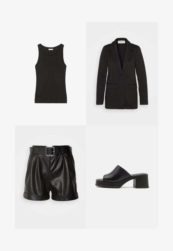 Sort blazer lavet af blødt stof, der har en enkelt knaplukning, spidse revers og to frontlommer uden udsmykning.; Sort ærmeløs tanktop lavet af blød bomuld, med en rund hals og en tætsiddende silhuet. Simpelt design uden synlige mønstre eller detaljer.; Sorte lædershorts med en bred talje og en sølvspænde. Har plisseret front og opsmøgede manchetter. Glat tekstur og skræddersyet design.; Sorte læder platform sandals med rund åben tå, lav blokhæl og glat tekstur. Minimalistisk design med elegante linjer.