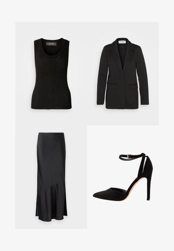 Črn blazer iz mehkega blaga, z enim gumbom, zarezano ovratnikom in dvema sprednjima žepoma brez okrasnih dodatkov.; Mos Mosh RELENA IMANJA TANK - Top - black; Črna satenska midi krila z elegantnim dizajnom, ki ima rahlo razširitev na robu in stranski razporek za enostavno gibanje. Gladka tekstura.; Črne suede visoke pete z ostrim nosom, trakovi okoli gležnja in stileto peto. Oblikovanje se ponaša z gladko teksturo in minimalnimi detajli.