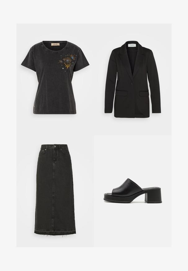 Melnā žakete, kas izgatavota no mīkstas auduma, ar vienu pogu aizdari, iegrieztām atloks un divām priekšējām kabatām bez dekoratīviem elementiem.; Melnā kokvilnas T-kreklā ar īsām piedurknēm, apaļu kaklu un izsistu acu dizainu ar zelta un zilo akcentu uz priekšpuses.; Melnas denima midi svārki ar pieguļošu jostasvietu, priekšējo pogu aizdari un saplēstu apakšmalu. Iekļauj klasisko piecu kabatu dizainu un vieglu tekstūru.; Melnas ādas platformas mules ar noapaļotu atvērtu purngalu, zemu bloku papēdi un gludu tekstūru. Minimalistisks dizains ar plūstošām līnijām.