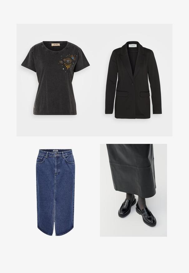 Blazer negro hecho de tela suave, con un cierre de un solo botón, solapas con muesca y dos bolsillos frontales sin adornos.; Camiseta de algodón negra con mangas cortas, cuello redondo y diseño de ojo bordado con acentos en dorado y azul en la parte delantera.; Falda de mezclilla de corte midi, lavado azul oscuro, con abertura delantera y diseño clásico de cinco bolsillos, que cuenta con un cierre de botón y cremallera.; Mocasines de cuero negro con un acabado suave, que presentan una tira decorativa, puntera redonda y suela texturizada. Llevados con una falda larga de cuero negro.
