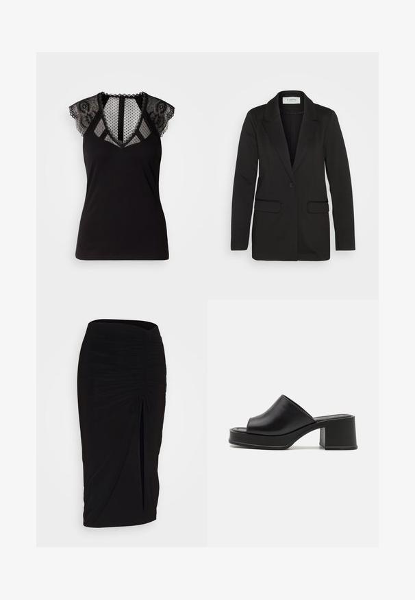 Juodas švarkas pagamintas iš minkštos medžiagos, su vienu mygtuko užsegimu, įpjautais atvartais ir dviem priekinėmis kišenėmis, be dekoratyvinių elementų.; Juodas be rankovių viršus su nėriniu akcentais pečių srityje ir permatomu, taškiniu tinkleliu apykaklėje ir nugaroje.; Juoda, raukšlėta pieštuko sijonas su raišteliu ir šoniniu įpjovimu. Pagamintas iš elastingos medžiagos, pasižymi lygiu paviršiumi ir prigludusia forma.; Juodi odiniai platforminiai mulesai su suapvalintu atviru pirštu, žemu blokiniu kulnu ir lygiu paviršiumi. Minimalistinis dizainas su elegantiškomis linijomis.