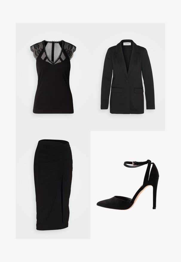 Sort blazer lavet af blødt stof, der har en enkelt knaplukning, spidse revers og to frontlommer uden udsmykning.; Sort ærmeløs top med blonder detaljer på skuldrene og et gennemsigtigt mesh-panel med prikker ved udskæringen og ryggen.; Sort, rynket blyantskørt med bindebånd og en sidelæg. Fremstillet af et strækbart stof, der har en glat overflade og en tætsiddende pasform.; Sorte ruskind højhælede sko med spids tå, ankelrem og stiletto hæl. Designet har en glat tekstur med minimal detaljer.