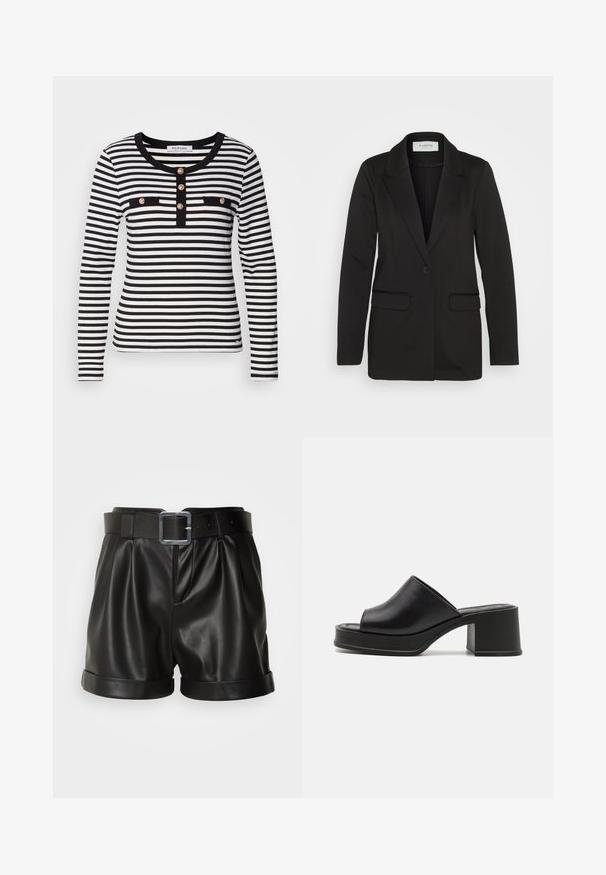 Schwarzer Blazer aus weichem Stoff, mit einem einzelnen Knopfverschluss, mit aufgesetzten Revers und zwei Vorder- Taschen ohne Verzierungen.; Gestreiftes Langarmoberteil in Schwarz und Weiß mit rundem Ausschnitt, ausgestattet mit einer Knopfleiste und zwei schwarzen Brusttaschen.; Schwarze Lederhorts mit breitem Bund und silberner Schnalle. Mit gefälteltem Frontbereich und umgeschlagenen Säumen. Glatte Textur und taillierte Passform.; Schwarze Leder Plattform-Mules mit abgerundeter offener Zehe, niedrigem Blockabsatz und glatter Textur. Minimalistisches Design mit eleganten Linien.