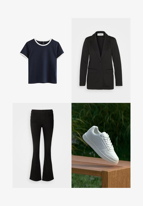 Black blazer made of soft fabric, featuring a single button closure, notched lapels, and two front pockets with no embellishments.; Navy blue short-sleeve t-shirt with white ribbed neckline and sleeve hems. Made of smooth cotton fabric, featuring a relaxed fit and simple design.; Black flared pants made of stretch fabric, featuring a waistband with belt loops and front pockets, smooth texture, and a tailored fit to the knee.; White sneaker with a smooth synthetic upper, perforated toe box, flat laces, and a textured sole, displayed on a wooden surface.