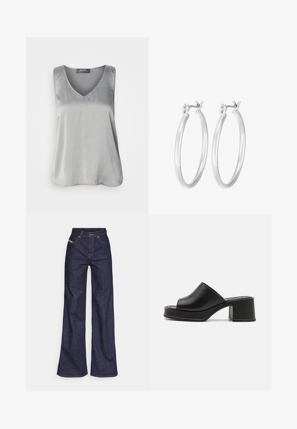 Čierny blazer vyrobený z mäkkej tkaniny, s jedným gombíkom na zatváranie, s výstrihom do písmene V a dvoma prednými vreckami bez ozdôb.; Mos Mosh ASTRID V-NECK TANK - Top - sharkskin; Tmavomodré široké džínsy z denimu s vysokým pásom, zdobené oranžovým šitím, päť vreckovým dizajnom a zapínaním na gombík.; Čierne kožené platformové mule s okrúhlym otvoreným prstom, nízkym blokovým podpätkom a hladkým povrchom. Minimalistický dizajn s elegantnými líniami.; Strieborné kruhové náušnice s hladkým, lesklým povrchom. Kolový tvar a bezpečné klikanie na uzatváranie. Ľahký dizajn vhodný na každodenné nosenie.