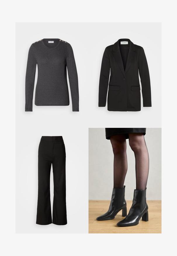 Zwarte blazer van zachte stof, met een enkele knoopsluiting, geknipte revers en twee voorzakken zonder versieringen.; Donkergrijze trui met lange mouwen van zachte stof, met een ronde halslijn en decoratieve schouderknopen voor extra detail.; Zwarte wijde broek met een gladde textuur, hoge taille en een strakke uitstraling. Geen zichtbare zakken of versieringen.; Zwarte leren enkellaarsjes met een spitse neus, stevige vierkante hak en een fraaie uitstraling. Beschikt over elastische zijpanelen voor gemakkelijke aan- en uittrekken.