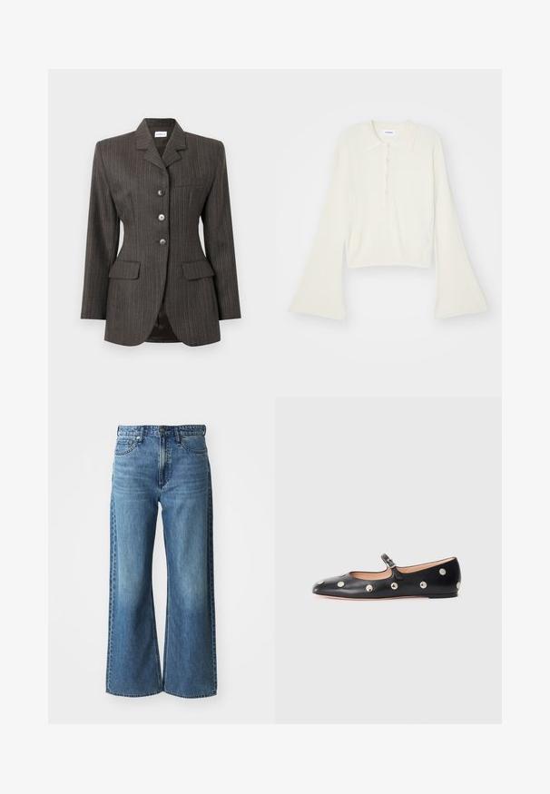 Tumma harmaa pinstripe-pikkutakki, jossa on kolme etunappia, taitettu kaulus, kaksi läpällistä taskua ja yksi rintatasku, istuva malli.; Raitaleva, kerma värinen polo-paita pitkillä, levenevillä hihoilla ja viiden napin listalla. Varustettu pehmeätekstuurisella kauluksella.; Sininen farkkukangas, leveälahkeiset, keskipitkä vyötärö, viisi taskua ja hienovarainen kuluminen. Ominaisuuksiin kuuluvat vyölenkit ja ommeltu yksityiskohtia.; Musta nahkainen Mary Jane -tyylinen tasapohjakenkä, jossa on pyöreä varvas. Kenkässä on hopeisia pyöreitä niittejä ja säätöremmi, jossa on solki.