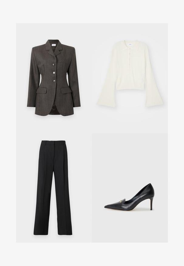 Tumši pelēks svītrainais žakets ar trim priekšējām pogām, ar zobenu apkakli, divām flap kabatām un vienu krūšu kabatu, pielāgojuma brīvs.; Rudmāta, krēmkrāsas polo krekls ar garām, zvana formu piedurknēm un piecu pogu aizdari. Iespējas ietver mīksta tekstūra apkakli.; Melnas ribotās bikses ar brīvu piegriezumu, ar plakanu priekšpusi, divām sānu kabatām un gludu auduma tekstūru.; Melnas ādas sūkņi ar norādītu pirkstu, zemu griezumu un dekoratīvu zelta akcentu. Iezīmējas ar stiletto papēdi un gludu tekstūru.