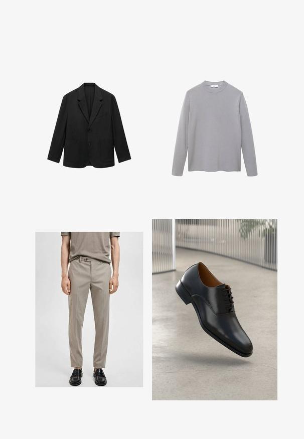 Giacca nera su misura con rever a punta, due bottoni e due tasche frontali. Realizzata in tessuto morbido, presenta un design elegante e strutturato.; Maglietta grigia a maniche lunghe realizzata in un tessuto morbido e liscio. Presenta un collo rotondo, un design minimale e un orlo dritto senza ulteriori decorazioni.; Pantaloni beige su misura in tessuto liscio, slim fit e con piega frontale. Abbinati a mocassini neri, che mettono in mostra un design semplice e moderno.; Scarpe eleganti in pelle nera con finitura liscia, punta affusolata e design con lacci. Presentano una cucitura sottile lungo la suola.