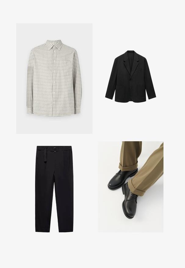 Giacca nera su misura con rever a punta, due bottoni e due tasche frontali. Realizzata in tessuto morbido, presenta un design elegante e strutturato.; Camicia a maniche lunghe con bottoni in beige chiaro con una classica fantasia a scacchi grigia scura. Presenta un colletto e una tasca sul petto. Tessuto morbido.; Pantaloni neri con vestibilità dritta, passanti per cintura e cintura staccabile. Tessuto liscio con tasche laterali e senza motivi o accessori visibili.; Scarpe da uomo in pelle nera con una finitura liscia, dotate di lacci e punta arrotondata, abbinate a pantaloni khaki arrotolati.