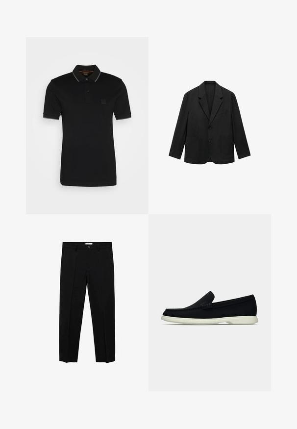 Černé sakou na míru s klopou do "V", se dvěma knoflíky a dvěma předními kapsami. Vyrobeno z hladkého materiálu, s elegantním a strukturovaným designem.; Černé polokošile z bavlny, s límcem v šedých akcentích, dvěma knoflíky a malou značkovou nášivkou na hrudi.; Černé zakázkově šité kalhoty s rovnými nohavicemi, s jedním knoflíkovým zapínáním, poutky na opasek a předními záhyby. Vyrobené z hladkého materiálu.; Černá nazouvací bota s kulatou špičkou, má texturovaný svršek, hladkou bílou podrážku a subtilní značkový detail na boku.