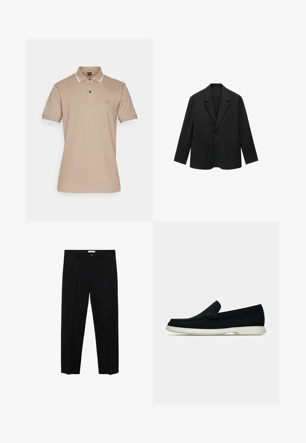 Sacou negru croit, cu rever crestat, două butoane și două buzunare frontale. Fabricat dintr-un material fin, având un design elegant și structurat.; BOSS PASSERTIP - Bluză polo - open brown; Pantaloni negri, croiți pe linie dreaptă, cu închidere cu un singur nasture, bucle pentru curea și pliuri frontale. Fabricati dintr-un material neted.; Pantof negri slip-on cu vârf rotunjit, având un superior texturat, o talpă albă netedă și un detaliu de branding subtil pe lateral.