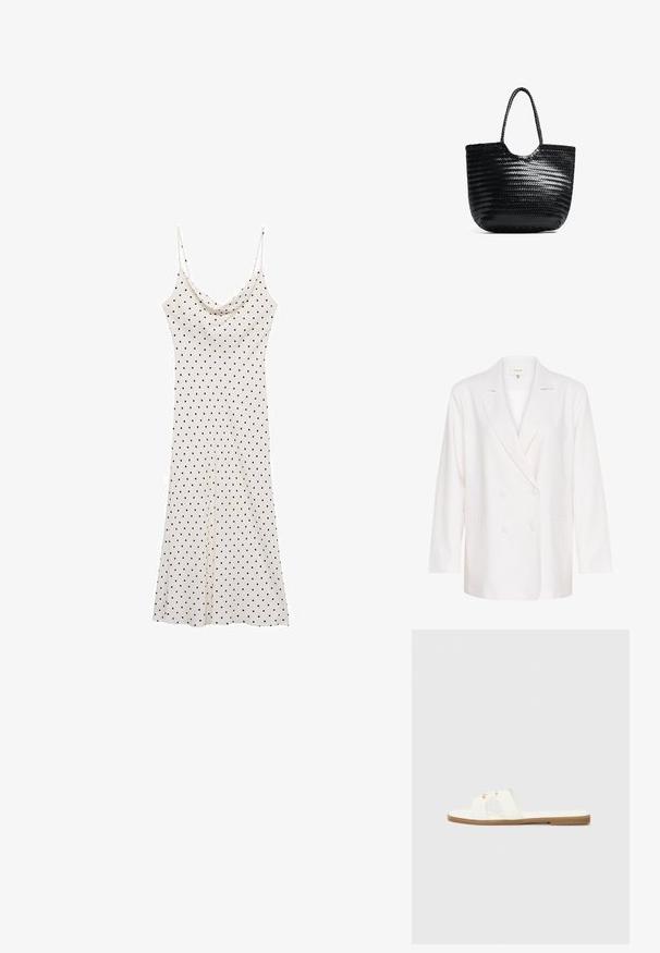 Blazer bianco doppiopetto con rever a punta, maniche lunghe e due tasche frontali. Realizzato in un tessuto leggero e strutturato.; Vestito senza maniche in tessuto morbido e leggero; fondo crema con pois neri; scollatura drappeggiata e silhouette fluida.; Sandalo piatto bianco con un design minimalista, caratterizzato da due cinturini incrociati e dettagli in metallo dorato su una suola marrone.; Borsa a spalla intrecciata nera con parte superiore arrotondata, cuciture laterali e due manici intrecciati. Presenta un motivo testurizzato e un ampio interno.