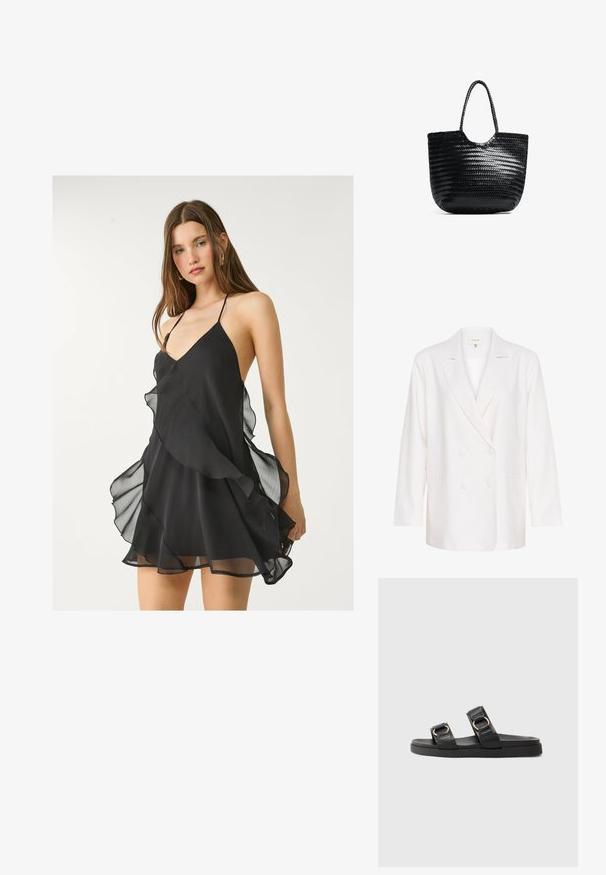 Vit dubbelknäppt blazer med revärer, långa ärmar och två framfickor. Tillverkad av ett lätt, strukturerat tyg.; Svart chiffongklänning med en djup V-ringning, tunna axelband och lager av volanger längs fållen, i en mjuk och lätt textur.; Svarta flip-flops med två justerbara remmar med guldfärgad hårdvara, en texturerad ovandel och en platt gummisula.; Svart vävd tote-väska med rundad topp, sid sömmar och två flätade handtag. Har ett texturerat mönster och ett rymligt inre.